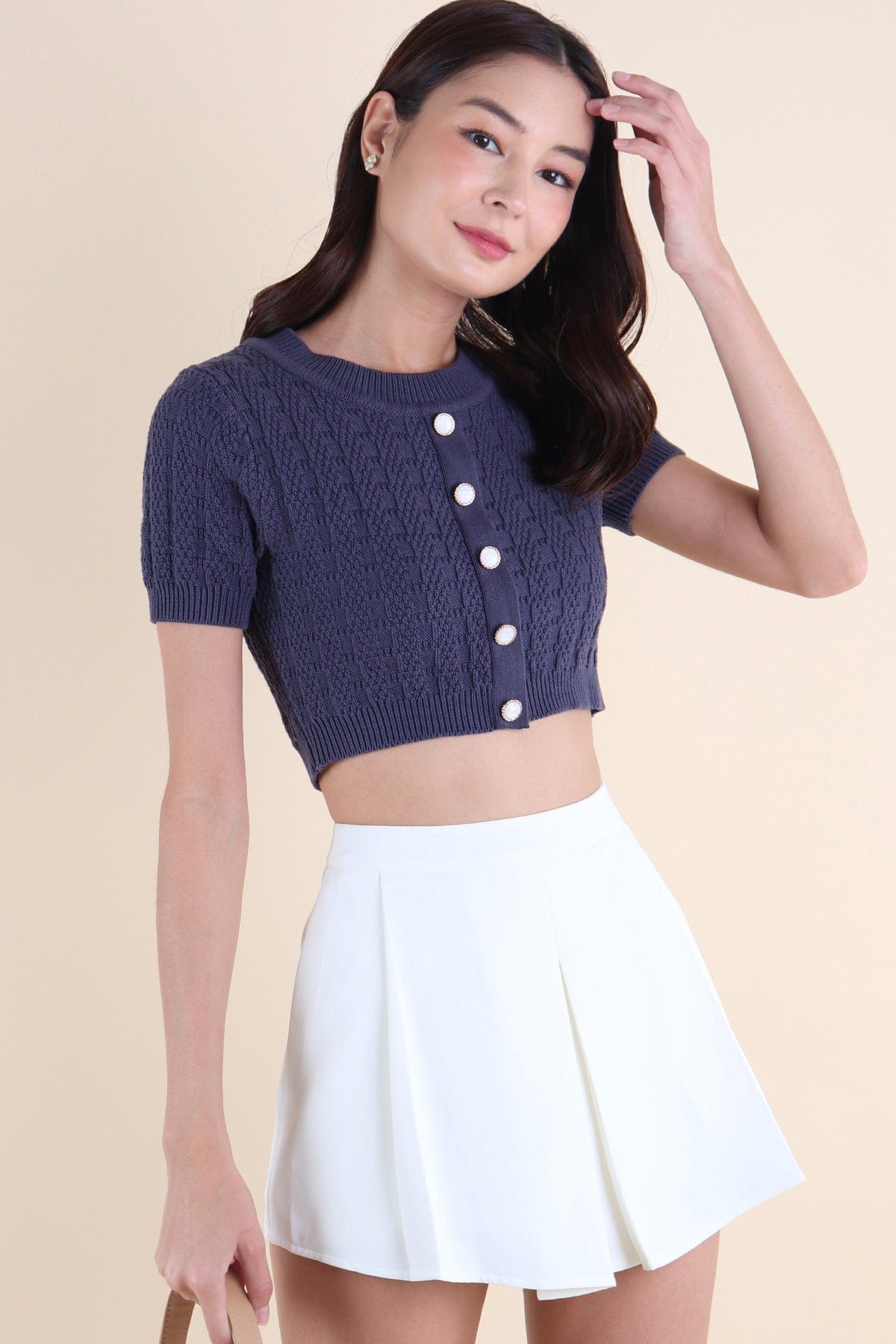 MEA SLEEVED KNIT TOP IN GUNMETAL NAVY