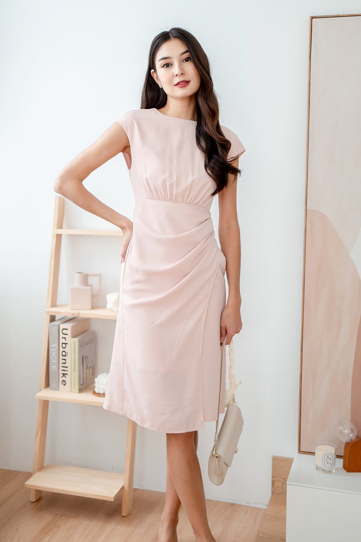 CAMERON BOAT NECK RUCHED WORK DRESS IN PINK