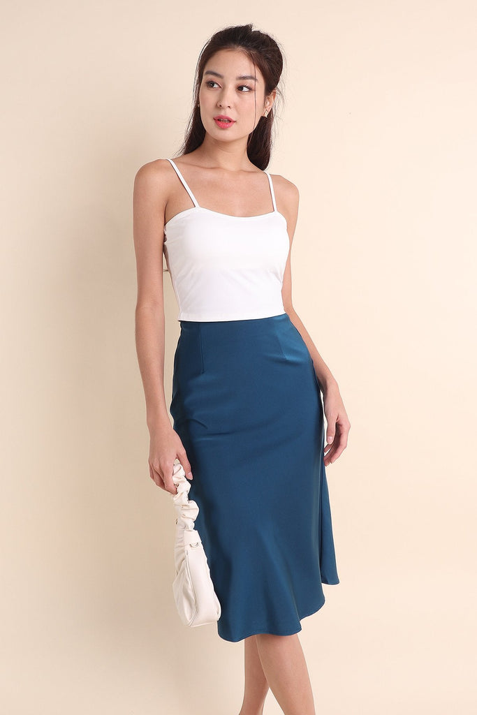 MADEBYNM ESMERALDA SATIN MIDI SKIRT IN LUXE TEAL | NEONMELLO